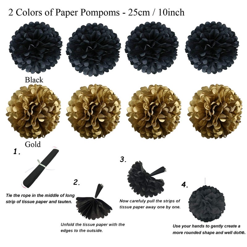 ZERODECO Party Decoration, 21 Pcs Black and Gold Hanging Paper Fans, Pom Poms Flowers, Garlands String Polka Dot and Triangle Bunting Flags for Birthday Parties Wedding DÃ©cor, Table & Wall Decorations - Image 4